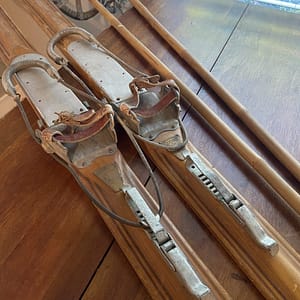 Antique Wooden Skis with Bamboo Poles