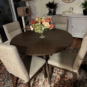 Round Wooden Dining Table with 4 padded White Chairs